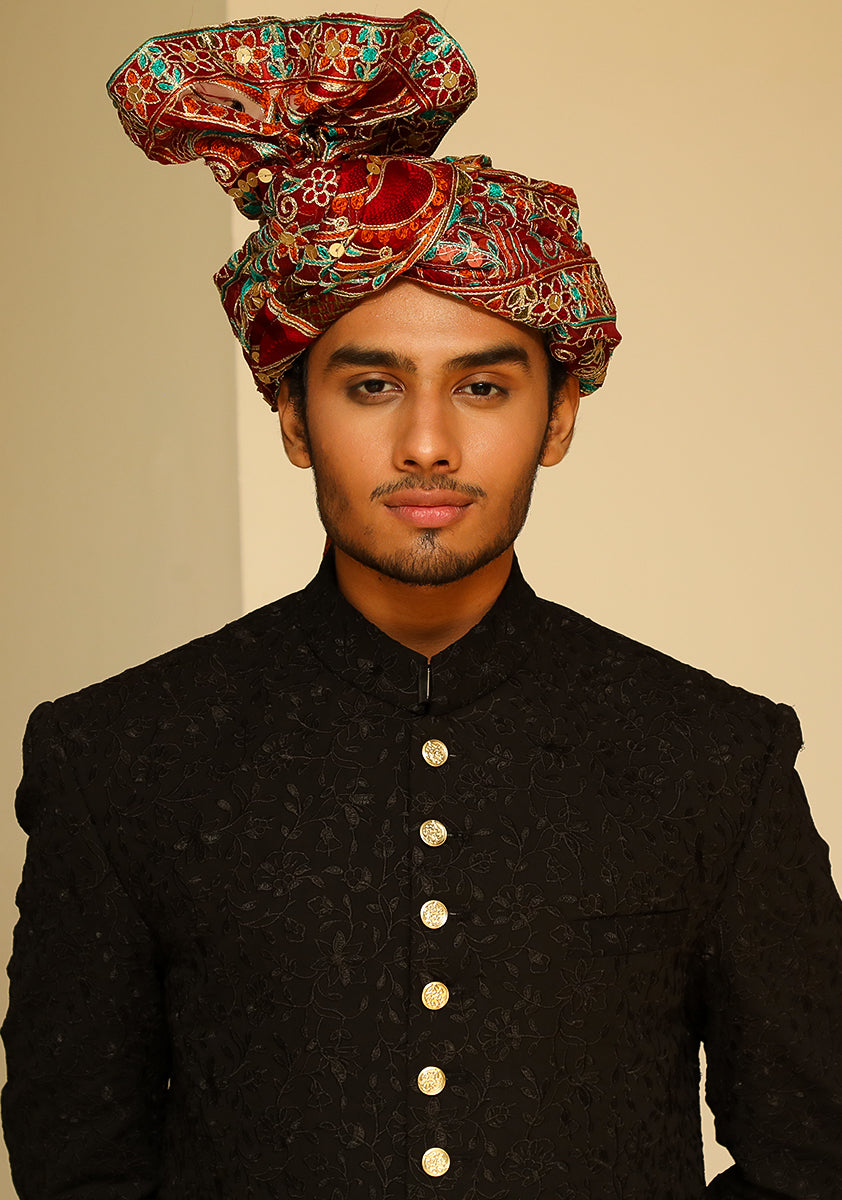 Black Georgette Groom Sherwani with Maroon Turban (3-Piece) - Image 3