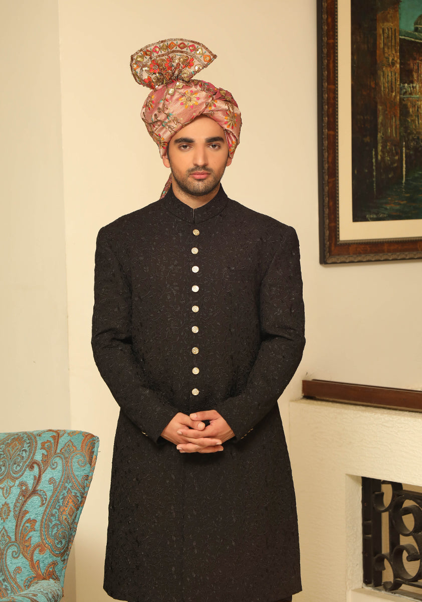 Black Georgette Sherwani with Embroidered Pink Turban (3-Piece) - Image 1