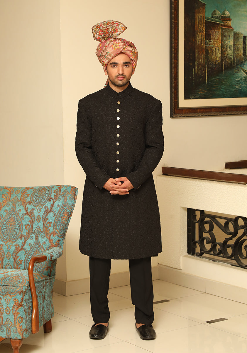 Black Georgette Sherwani with Embroidered Pink Turban (3-Piece) - Image 2
