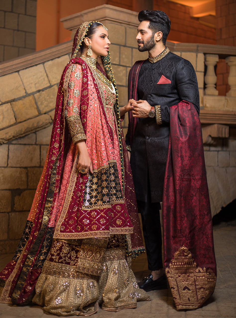 Black Jacquard Sherwani with Embellished Collar (3-Piece) - Image 1