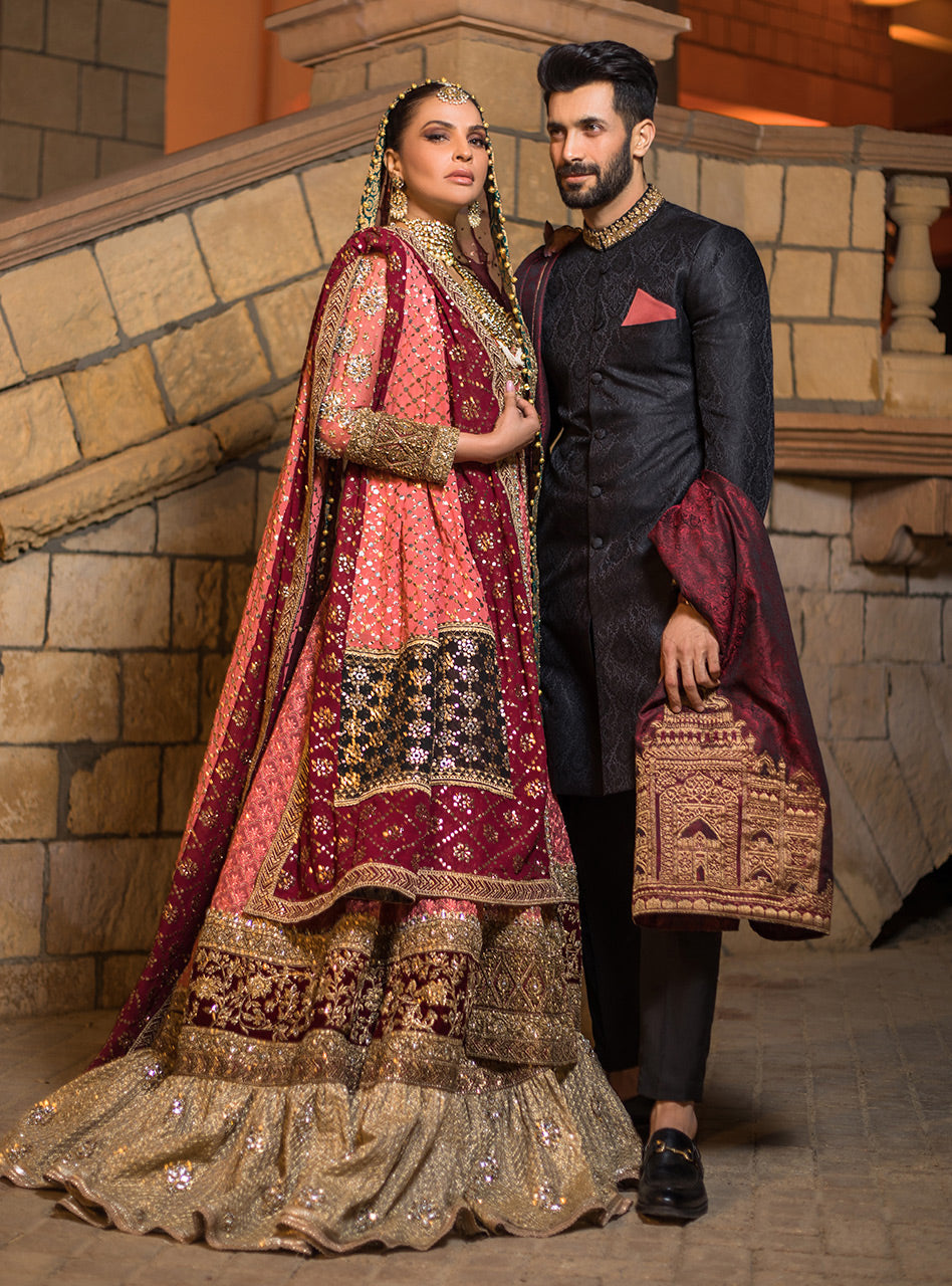 Black Jacquard Sherwani with Embellished Collar (3-Piece) - Image 2