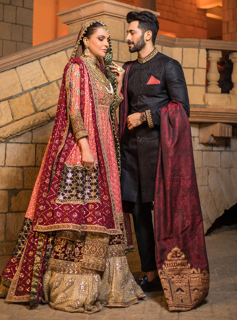 Black Jacquard Sherwani with Embellished Collar (3-Piece) - Image 3