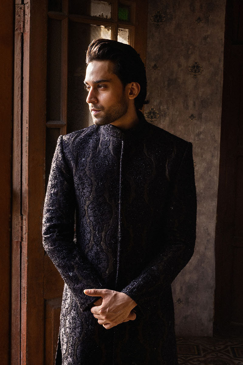 Black and Gold Jacquard Cotton Silk Sherwani (2-Piece) - Image 1