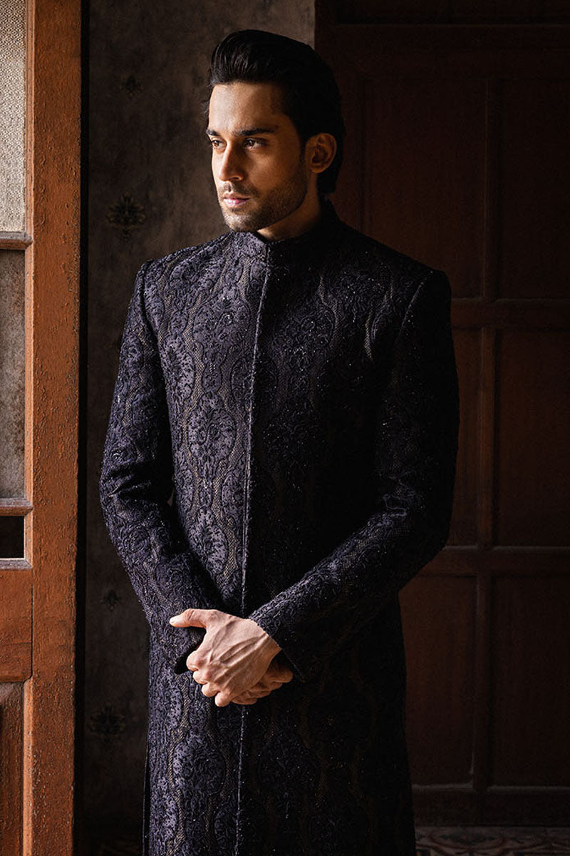 Black and Gold Jacquard Cotton Silk Sherwani (2-Piece) - Image 2