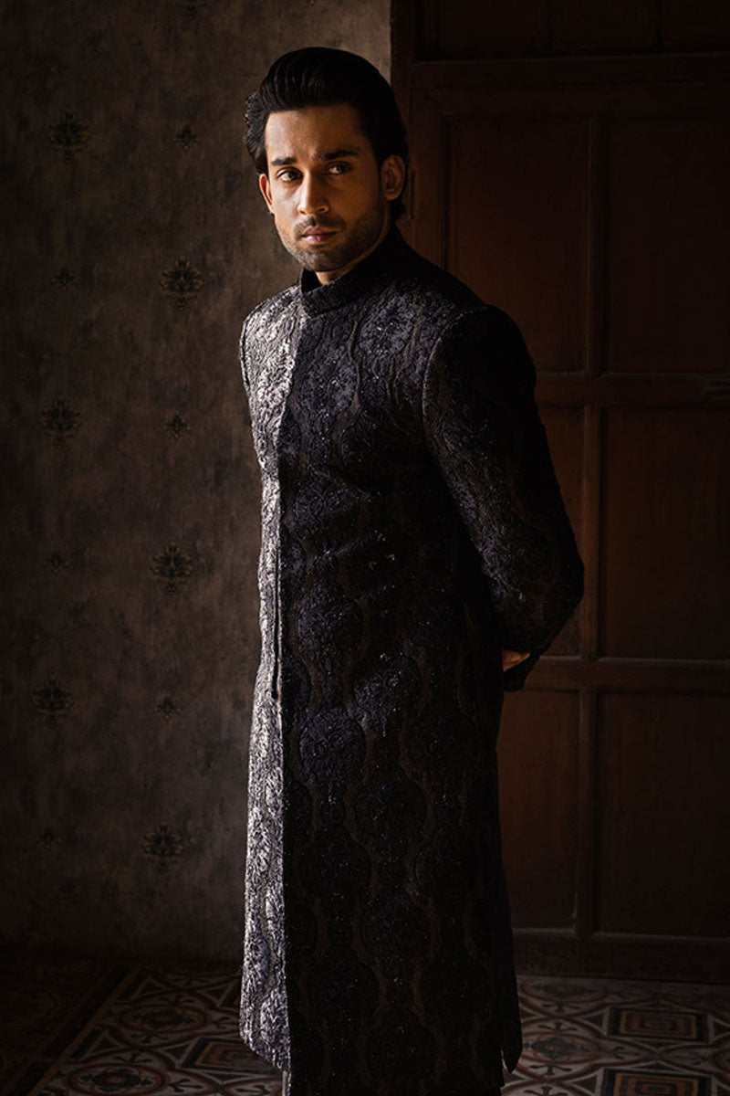 Black and Gold Jacquard Cotton Silk Sherwani (2-Piece) - Image 3