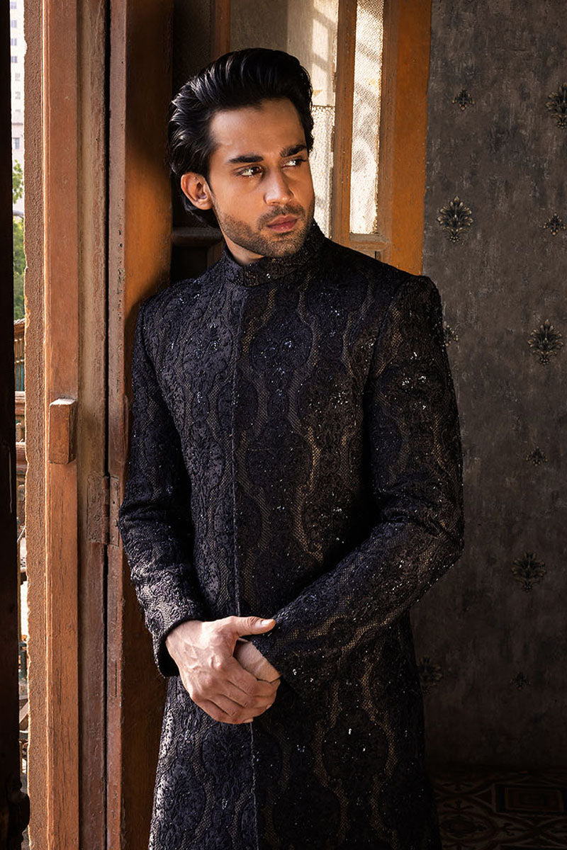 Black and Gold Jacquard Cotton Silk Sherwani (2-Piece) - Image 4
