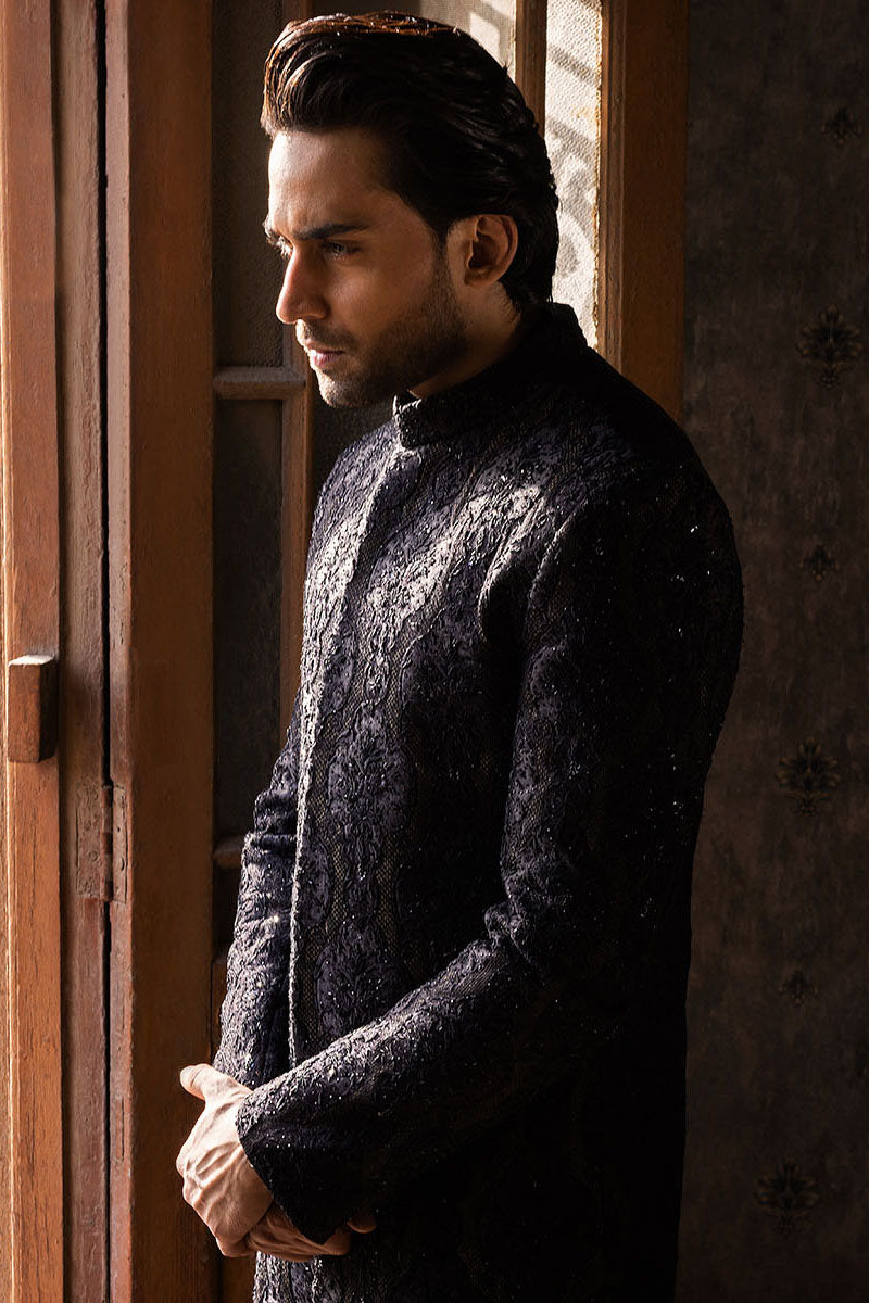 Black and Gold Jacquard Cotton Silk Sherwani (2-Piece) - Image 5