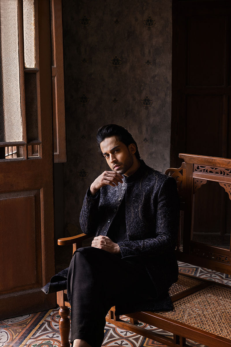 Black and Gold Jacquard Cotton Silk Sherwani (2-Piece) - Image 6