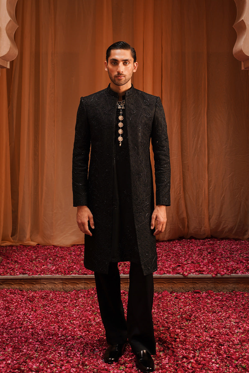 Black Jacquard Embroidered Sherwani (2-Piece) - Image 1