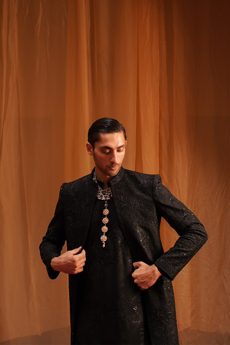 Black Jacquard Embroidered Sherwani (2-Piece) - Image 2