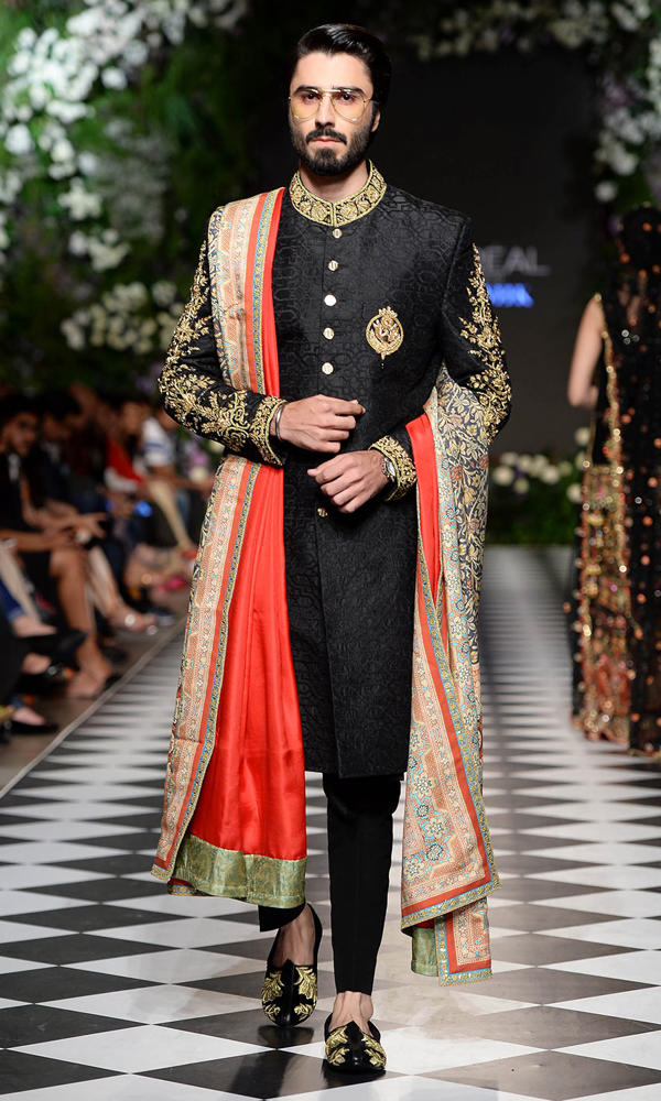 Black Jacquard Sherwani with Gold Embroidery (3-Piece) - Image 2
