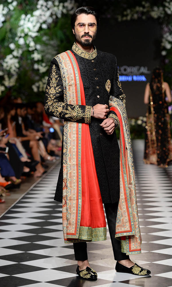 Black Jacquard Sherwani with Gold Embroidery (3-Piece) - Image 3