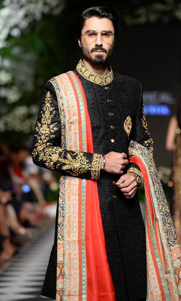Black Jacquard Sherwani with Gold Embroidery (3-Piece) - Image 4