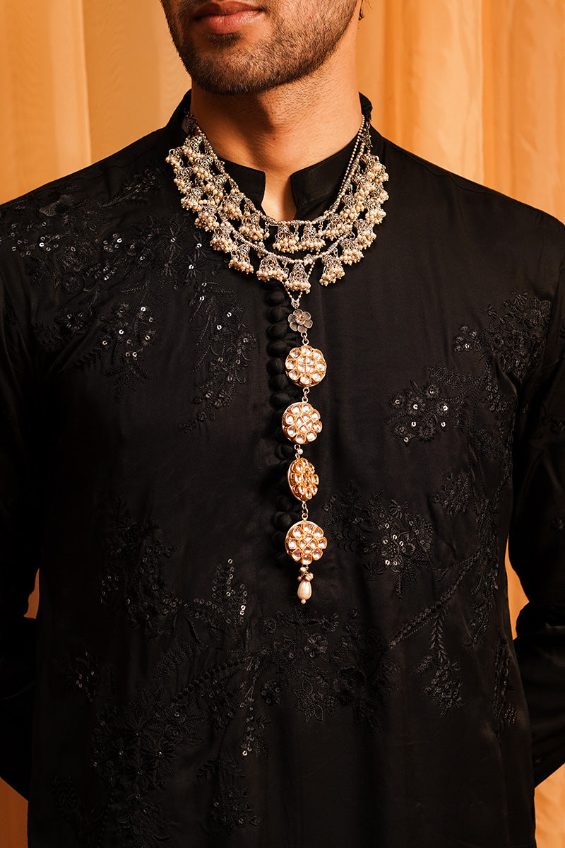 Black Jacquard Embroidered Sherwani (3-Piece) - Image 1