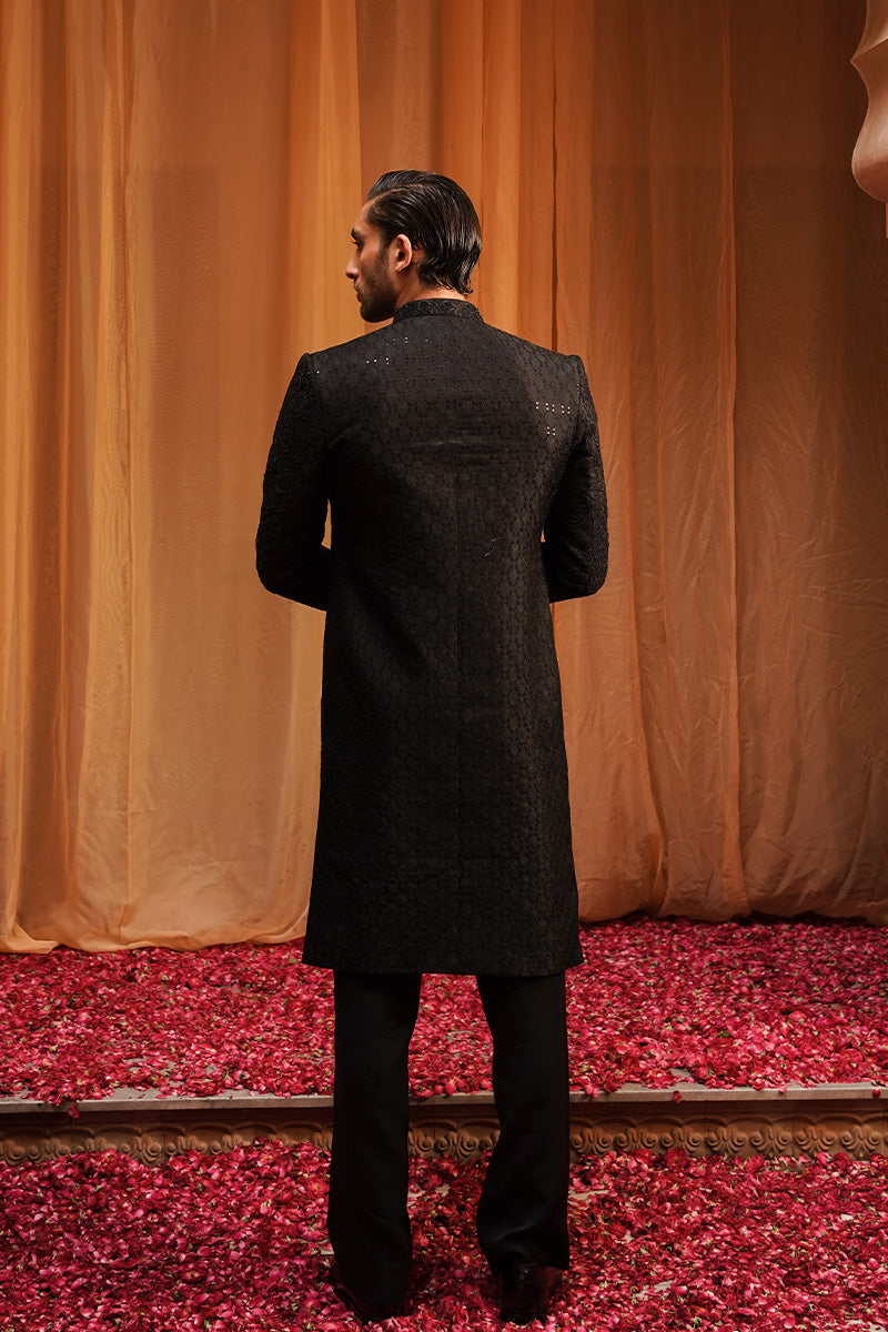 Black Jacquard Embroidered Sherwani (3-Piece) - Image 3