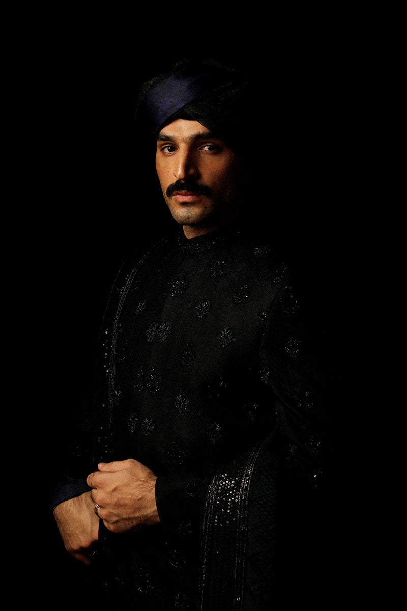 Onyx Black Hand Embroidered Jacquard Sherwani (4-Piece) - Image 1