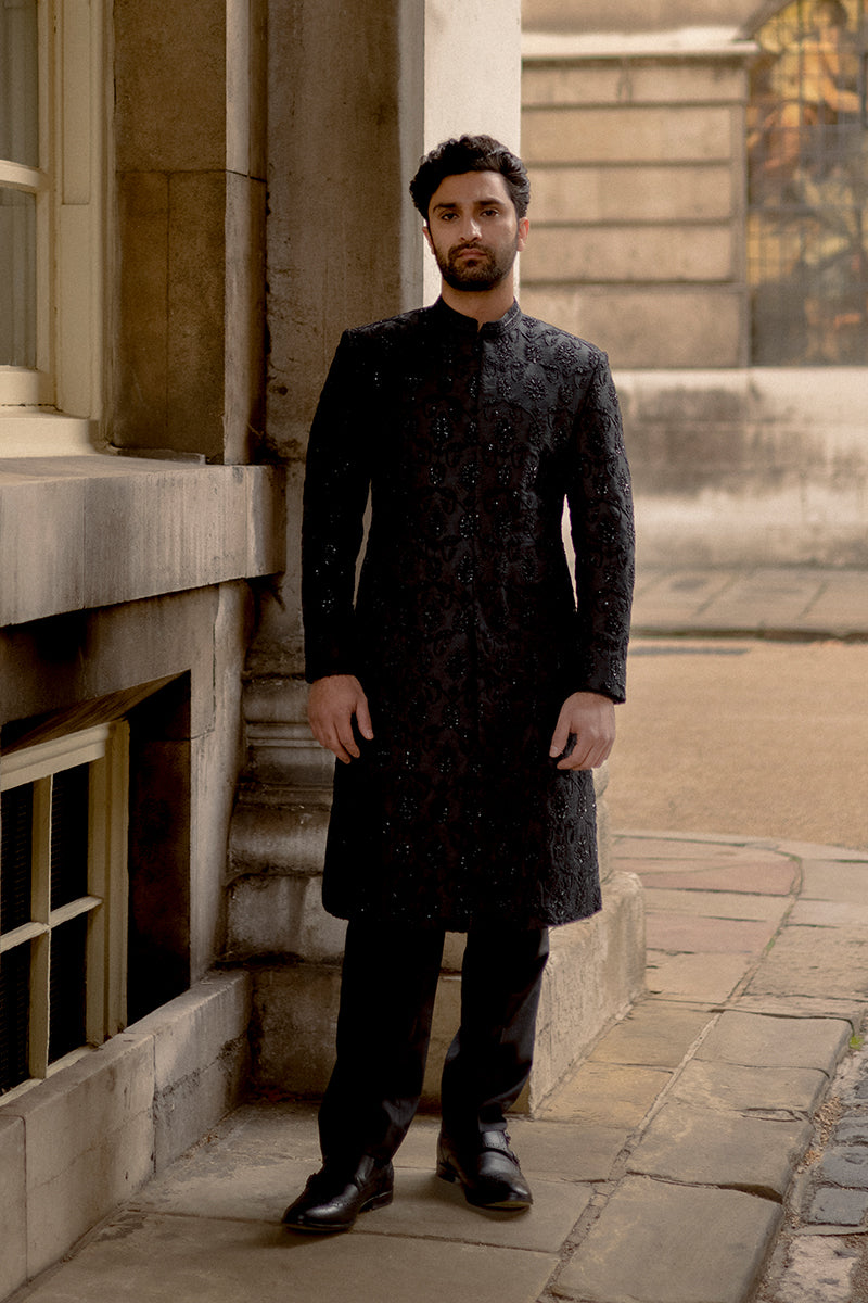 Black Hand Embellished Jacquard Sherwani (2-Piece) - Image 1