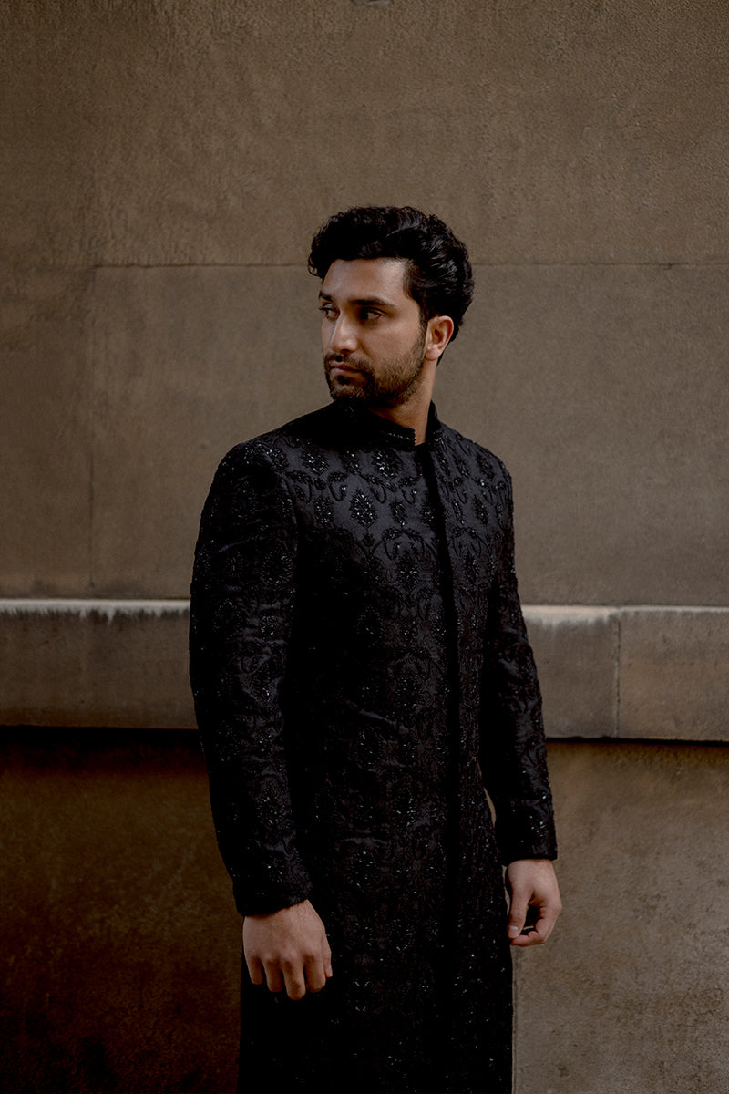 Black Hand Embellished Jacquard Sherwani (2-Piece) - Image 2