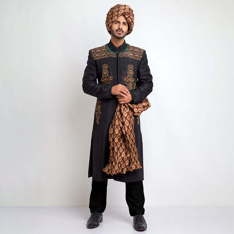 Jet Black Zardozi Pure Jamavar Silk Sherwani (3-Piece) - Image 1