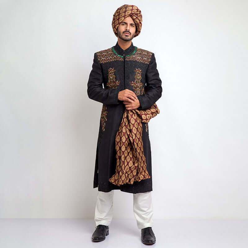 Jet Black Zardozi Pure Jamavar Silk Sherwani (3-Piece) - Image 2