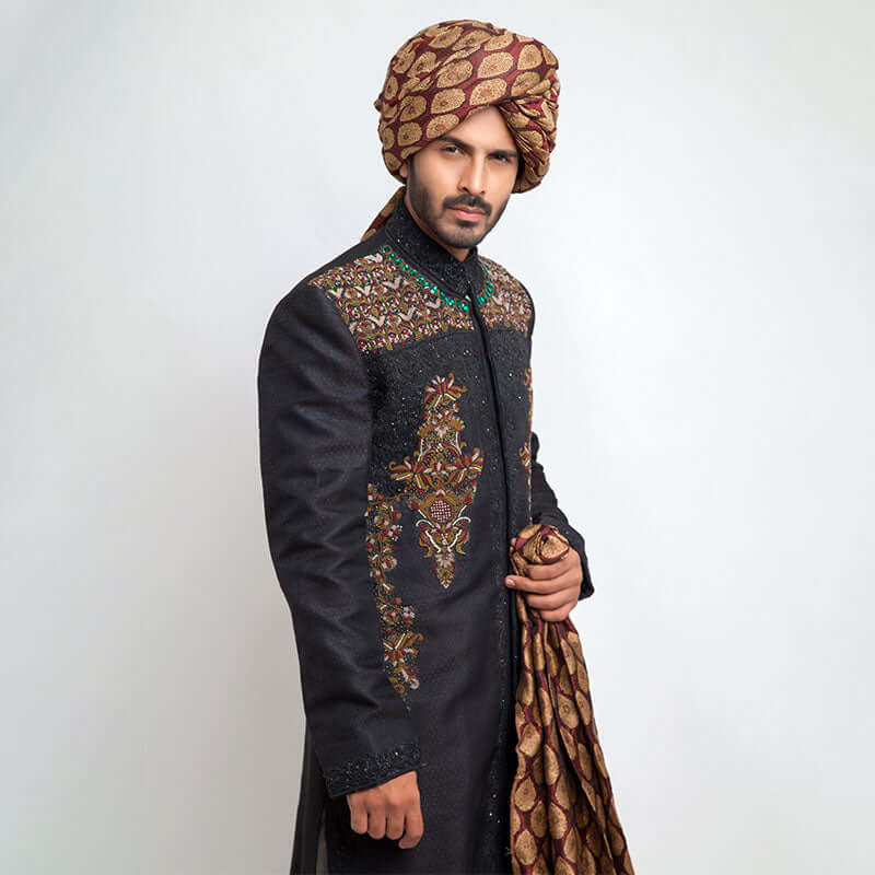 Jet Black Zardozi Pure Jamavar Silk Sherwani (3-Piece) - Image 3