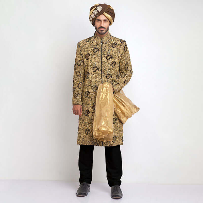 Black and Gold Zardozi Jamavar Silk Sherwani (3-Piece) - Image 1
