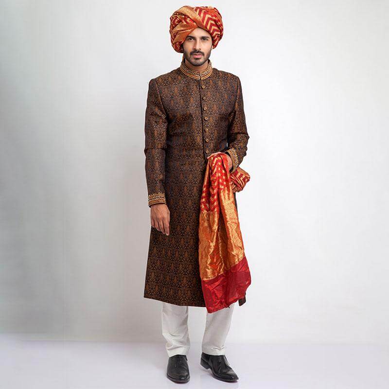 Black Copper Zardozi Pure Jamavar Silk Sherwani (4-Piece) - Image 1