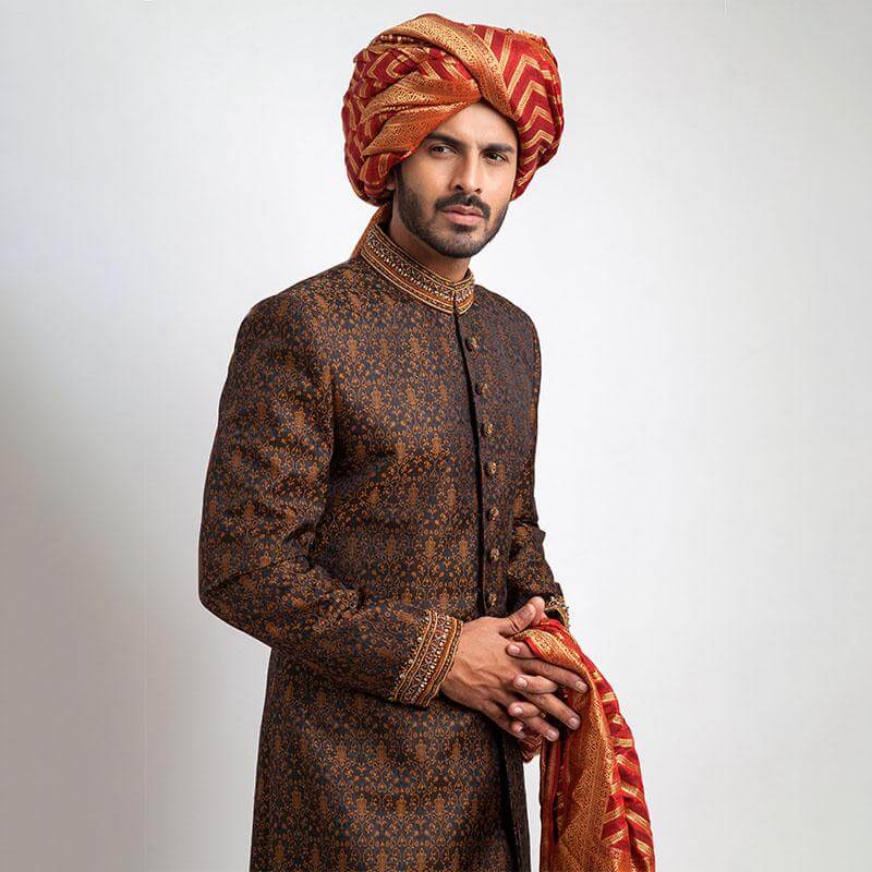 Black Copper Zardozi Pure Jamavar Silk Sherwani (4-Piece) - Image 2