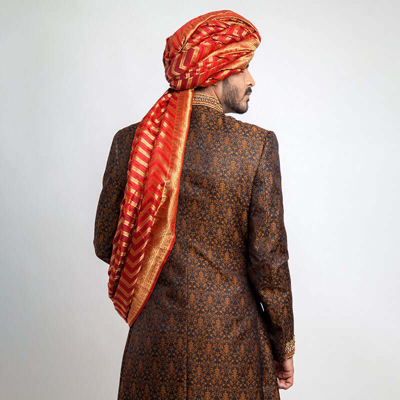 Black Copper Zardozi Pure Jamavar Silk Sherwani (4-Piece) - Image 4