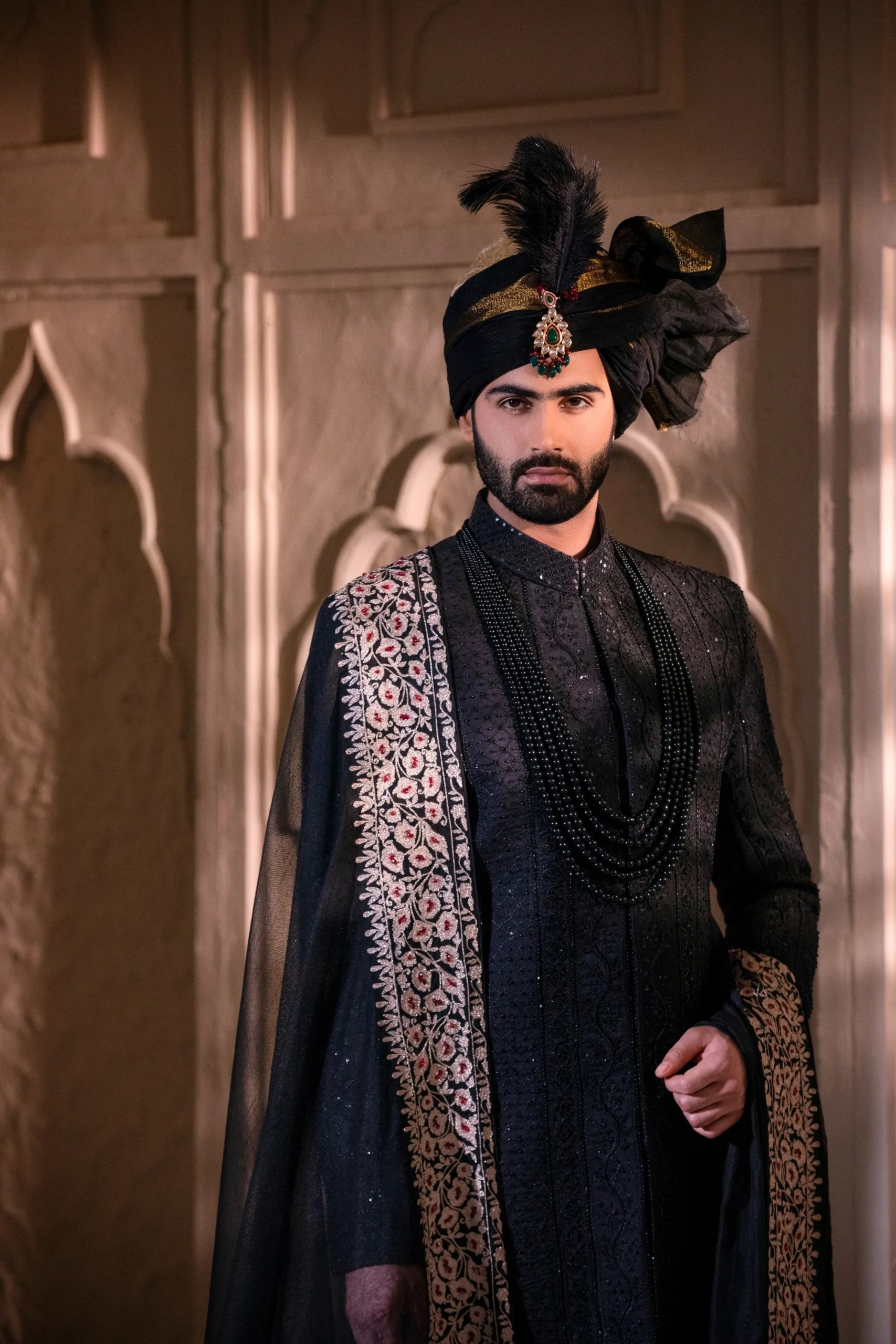 Black Embroidered Textured Silk-Blend Sherwani (3-Piece) - Image 2