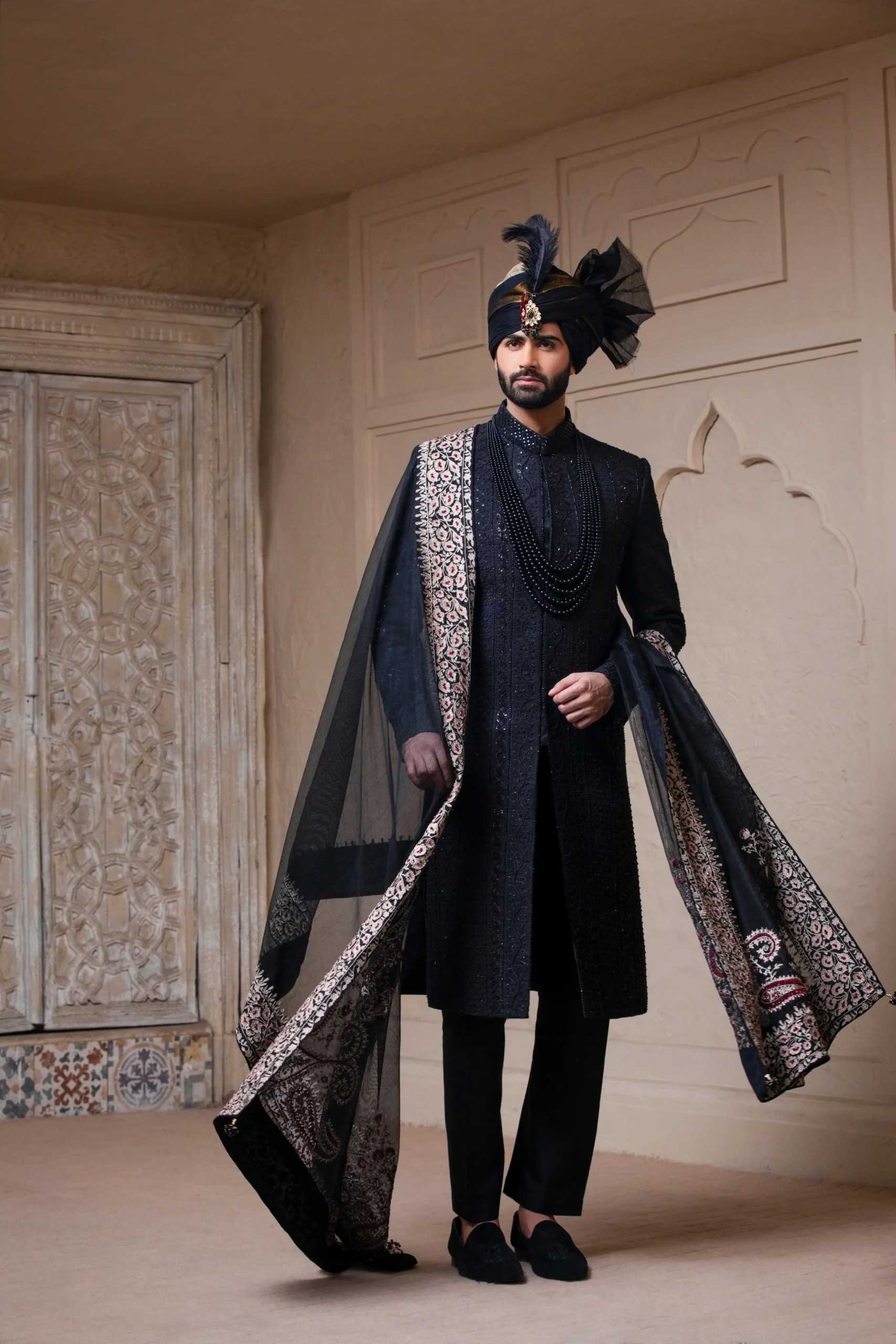 Black Embroidered Textured Silk-Blend Sherwani (3-Piece) - Image 4
