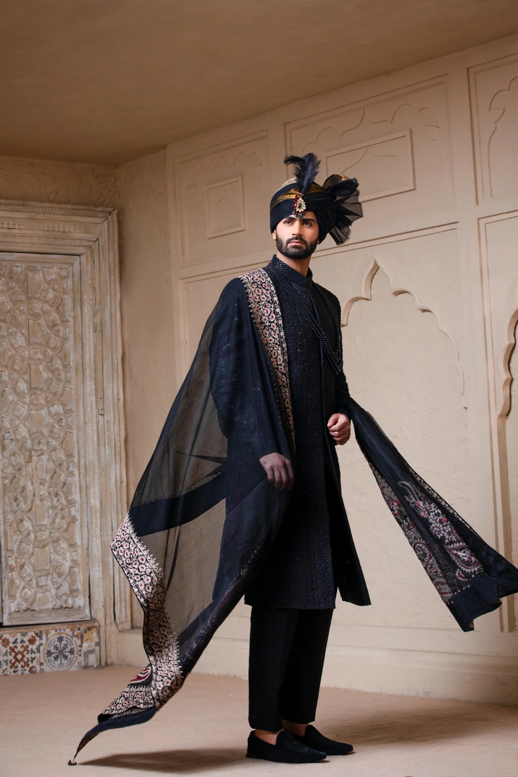 Black Embroidered Textured Silk-Blend Sherwani (3-Piece) - Image 5