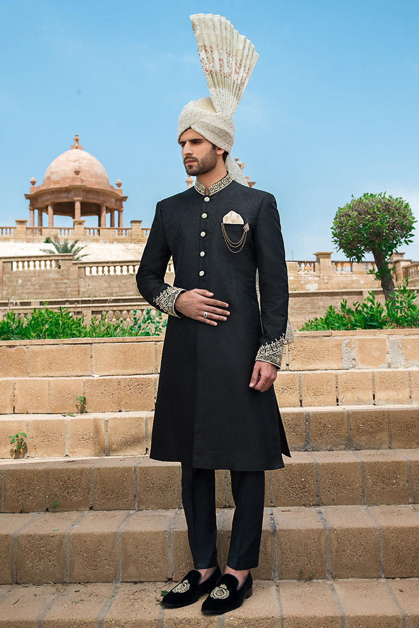 Black Hand Embroidered Jamawar Sherwani (2-Piece) - Image 1