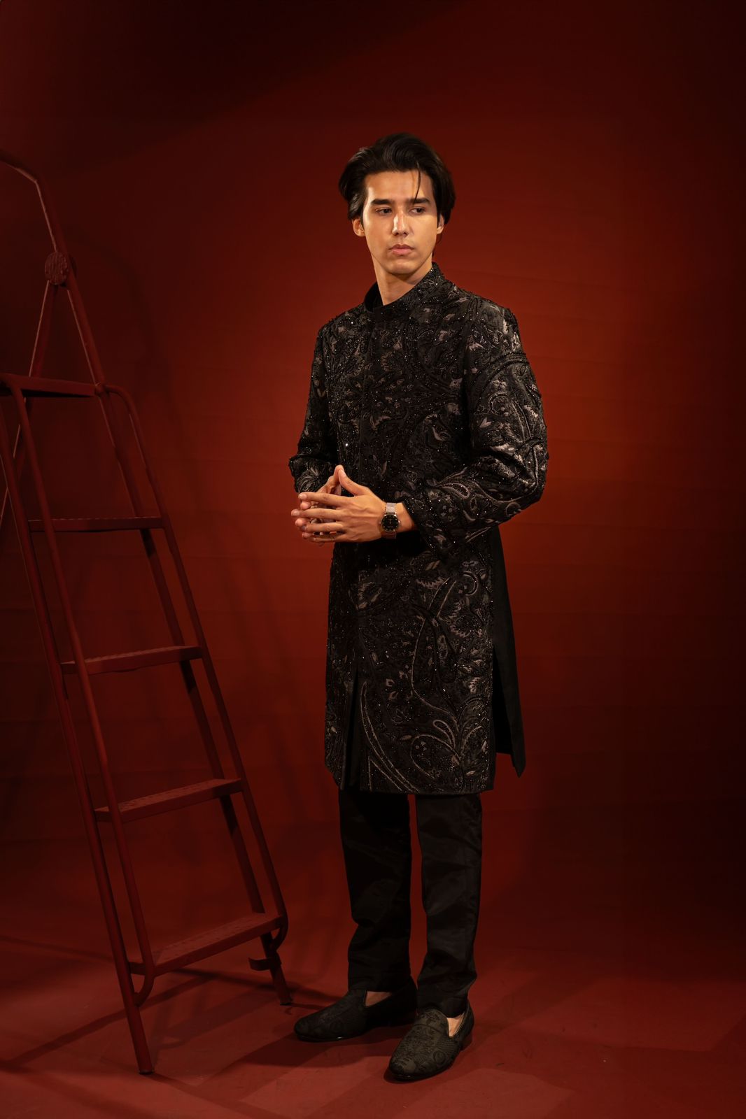 Black Hand-Embellished Pure Jamawar Sherwani (2-Piece) - Image 1