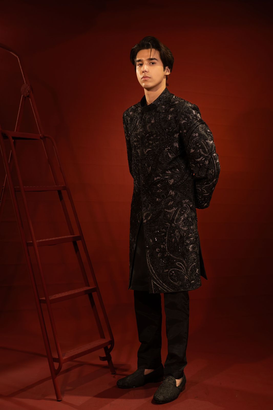 Black Hand-Embellished Pure Jamawar Sherwani (2-Piece) - Image 2