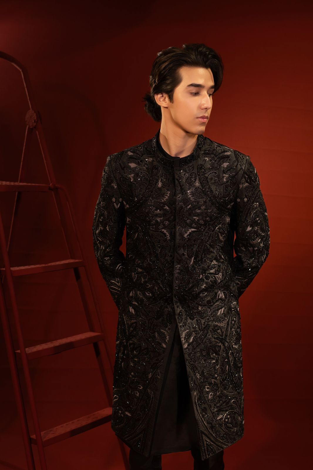 Black Hand-Embellished Pure Jamawar Sherwani (2-Piece) - Image 3