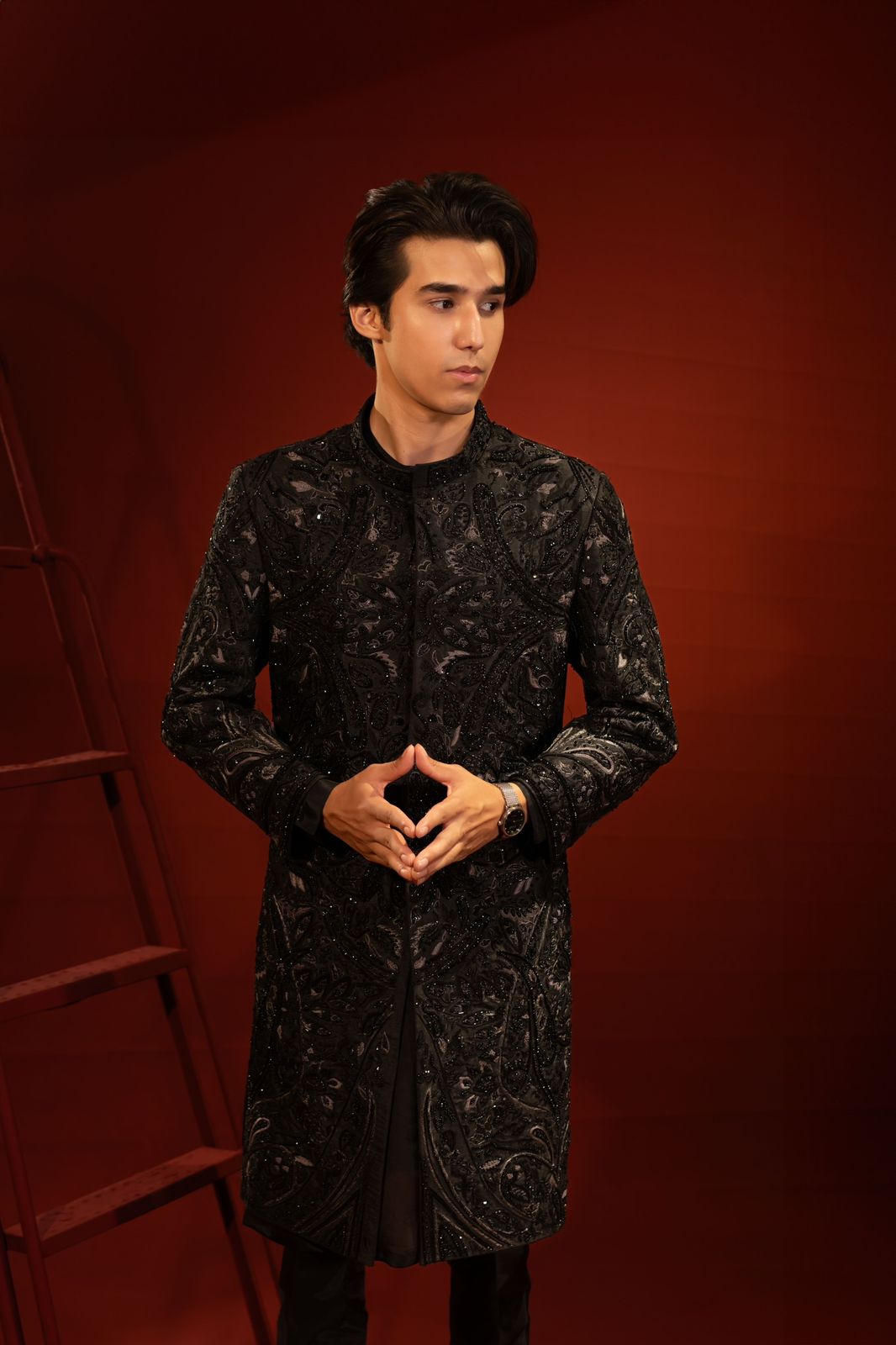 Black Hand-Embellished Pure Jamawar Sherwani (2-Piece) - Image 5