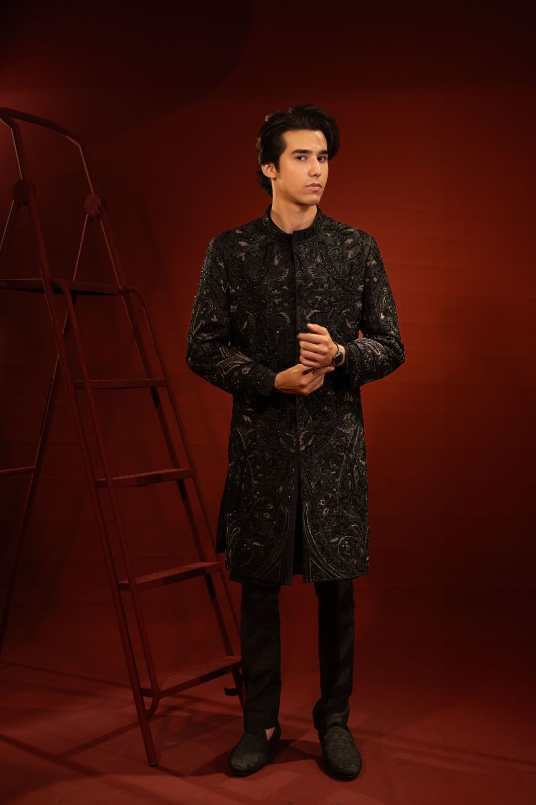 Black Embroidered Pure Jamawar Sherwani (2-Piece) - Image 7