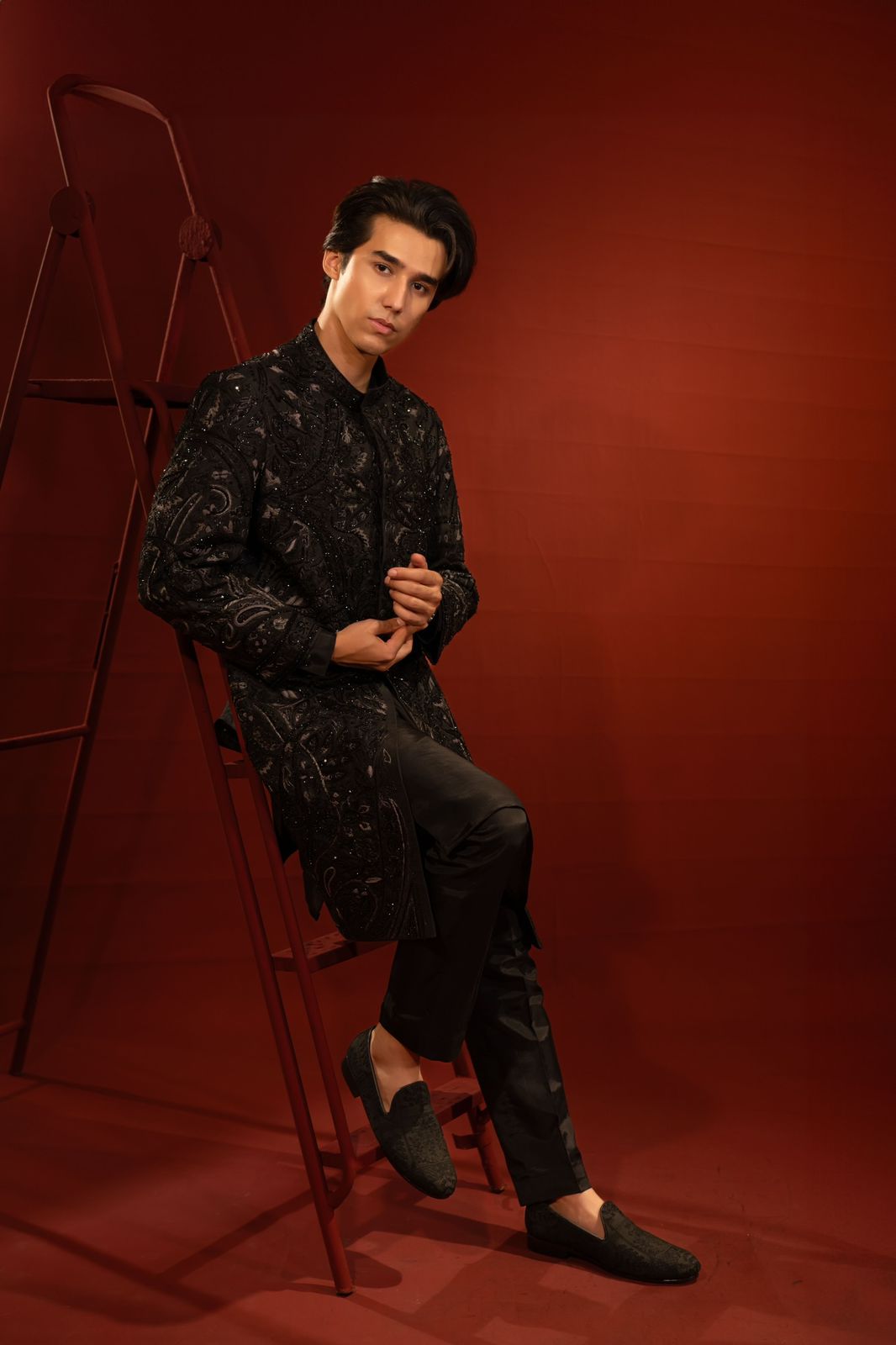 Black Embellished Pure Jamawar Sherwani (2-Piece) - Image 4