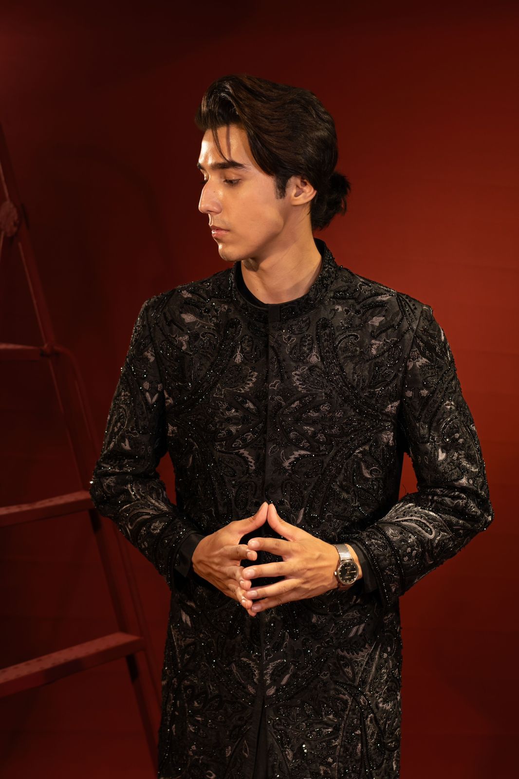 Black Embellished Pure Jamawar Sherwani (2-Piece) - Image 6