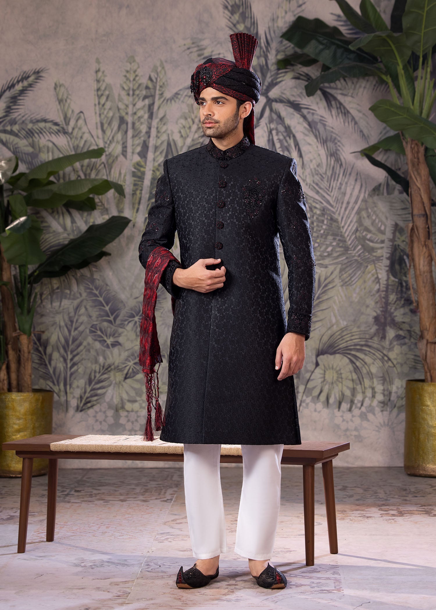 Black Hand-Embroidered Jamawar Sherwani (5-Piece) - Image 1