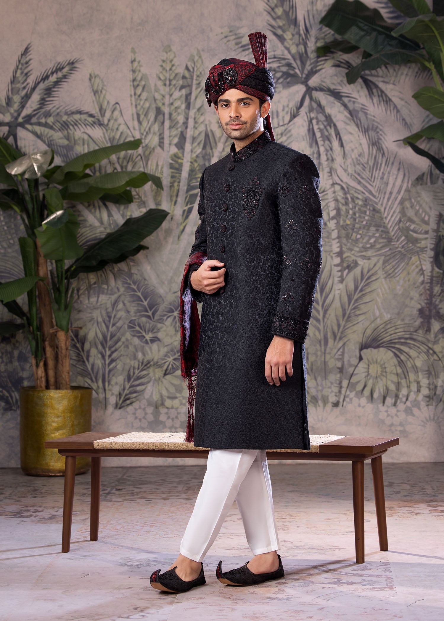 Black Hand-Embroidered Jamawar Sherwani (5-Piece) - Image 2