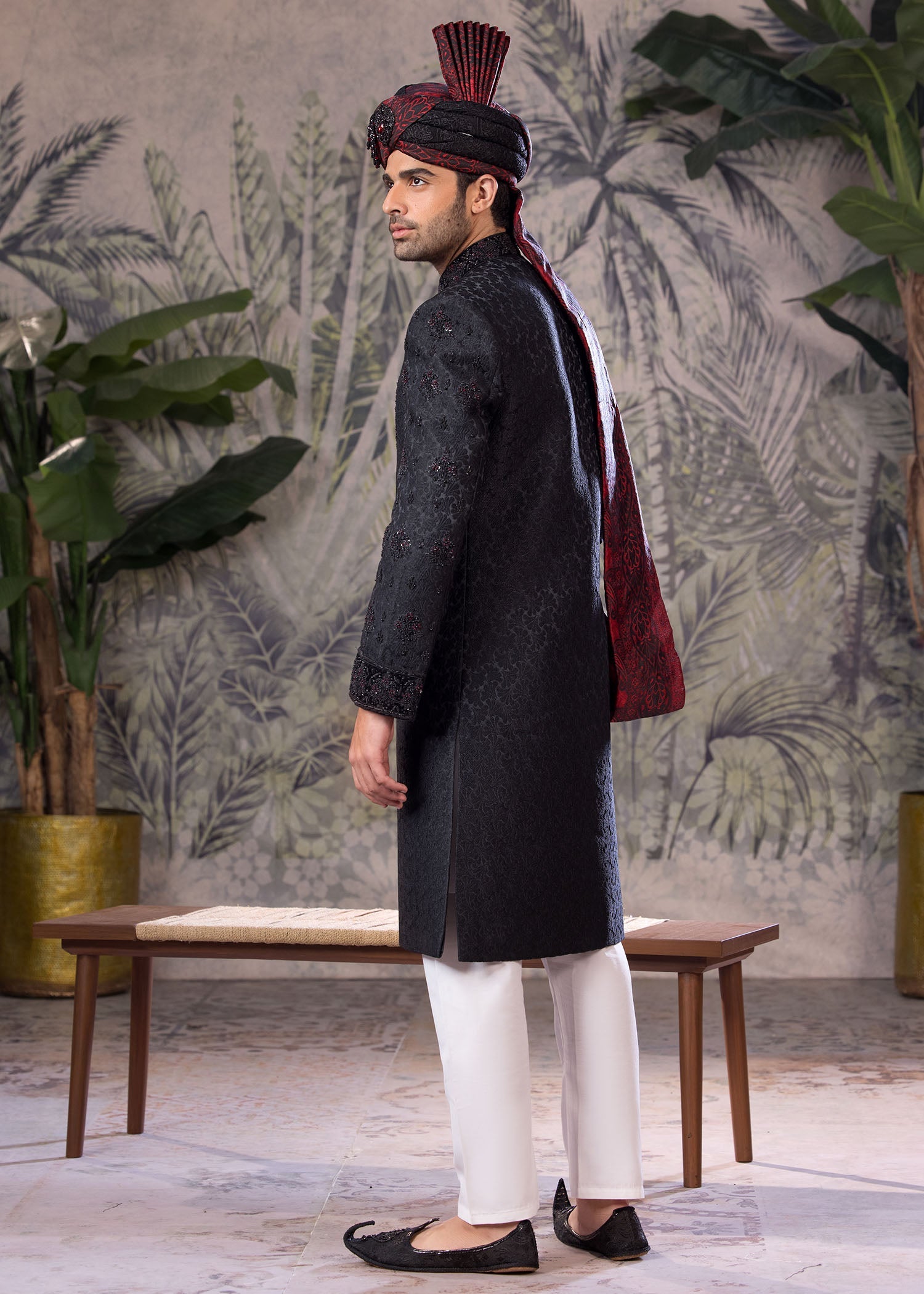 Black Hand-Embroidered Jamawar Sherwani (5-Piece) - Image 3