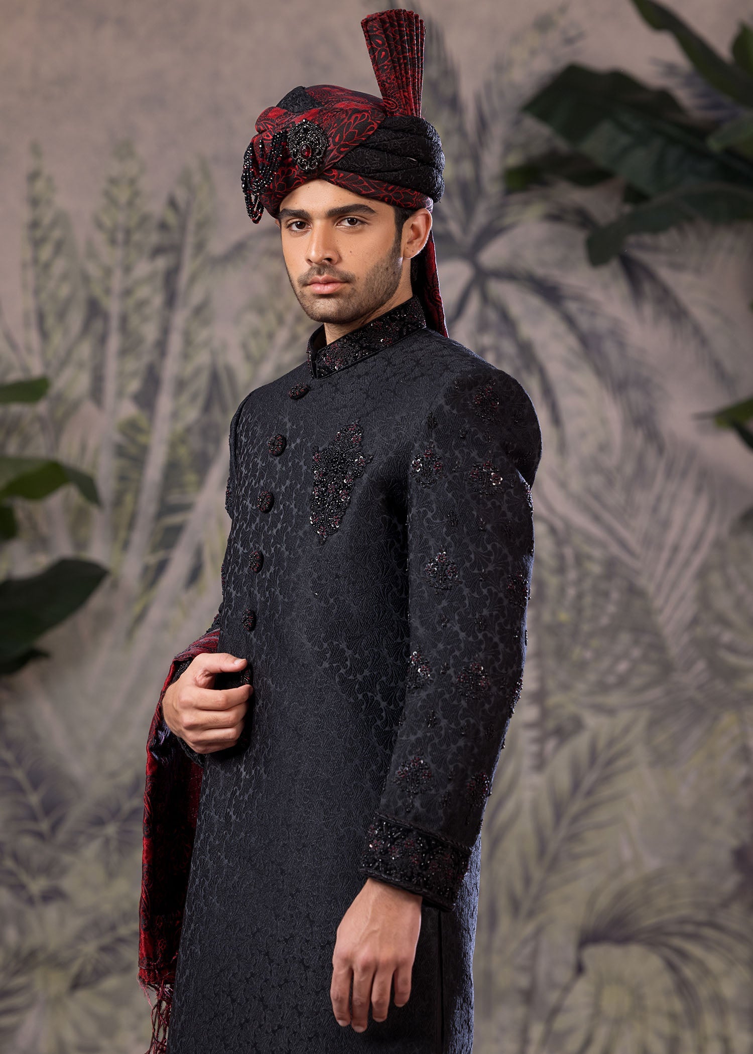 Black Hand-Embroidered Jamawar Sherwani (5-Piece) - Image 4