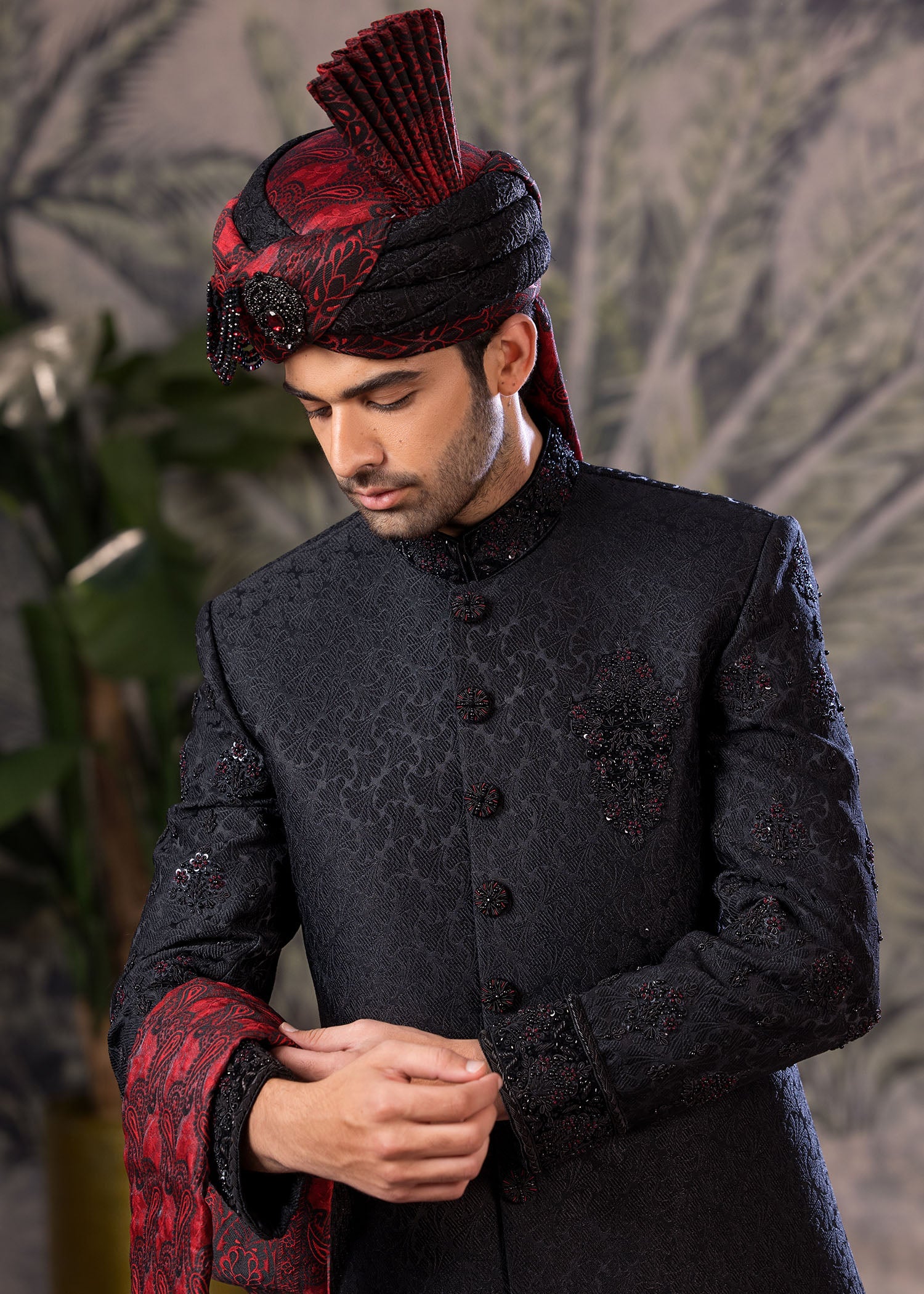 Black Hand-Embroidered Jamawar Sherwani (5-Piece) - Image 5