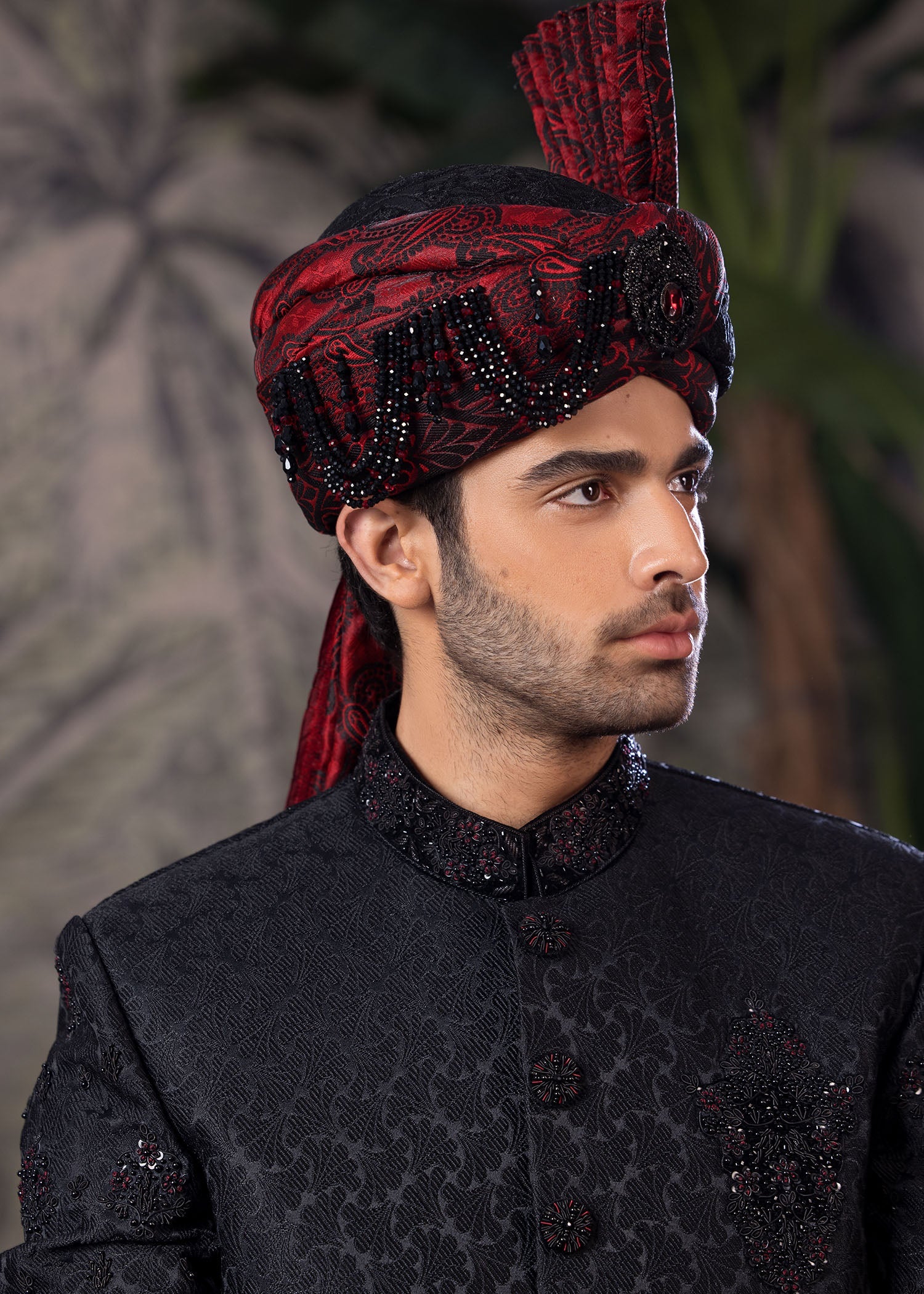 Black Hand-Embroidered Jamawar Sherwani (5-Piece) - Image 6