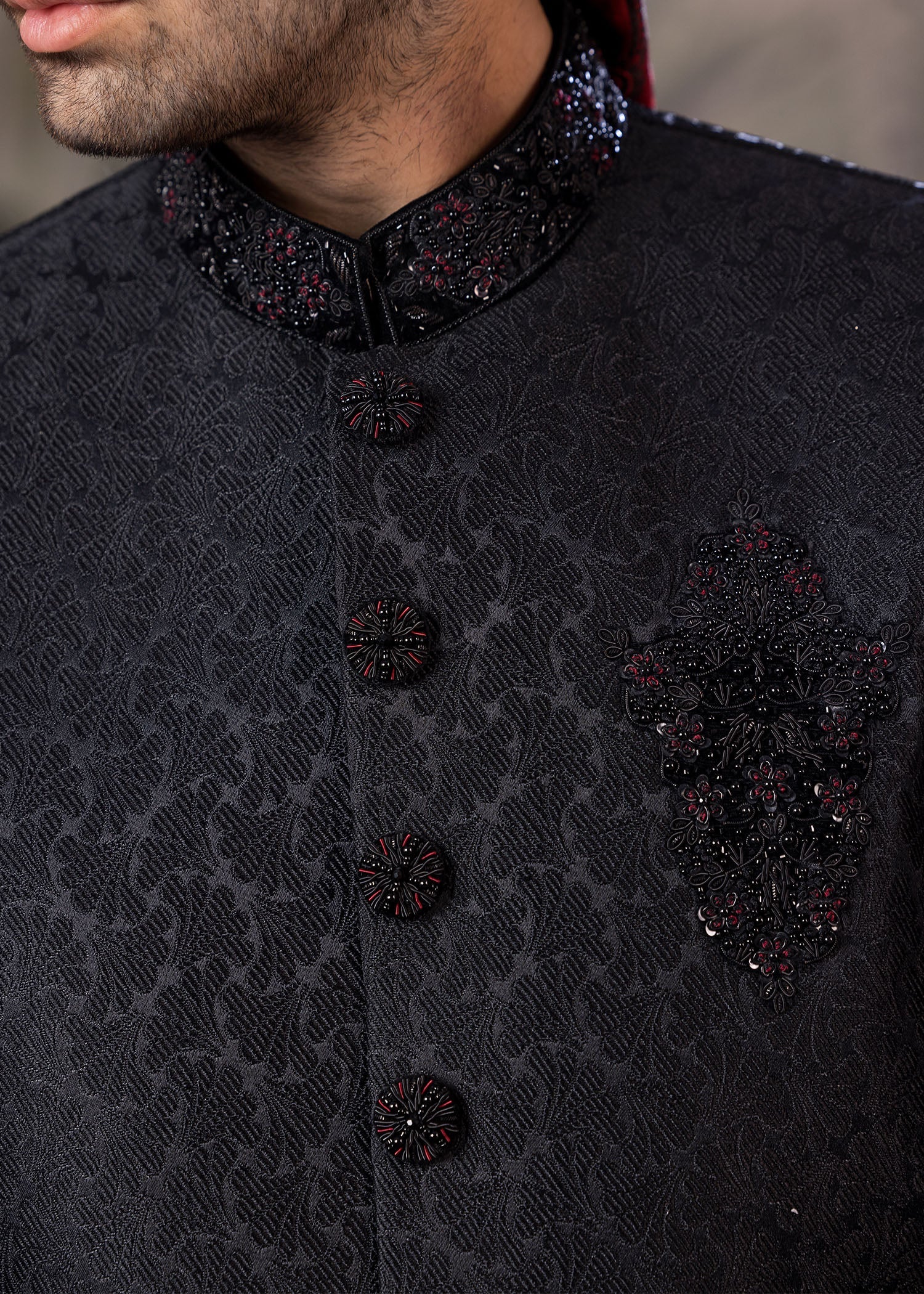 Black Hand-Embroidered Jamawar Sherwani (5-Piece) - Image 7