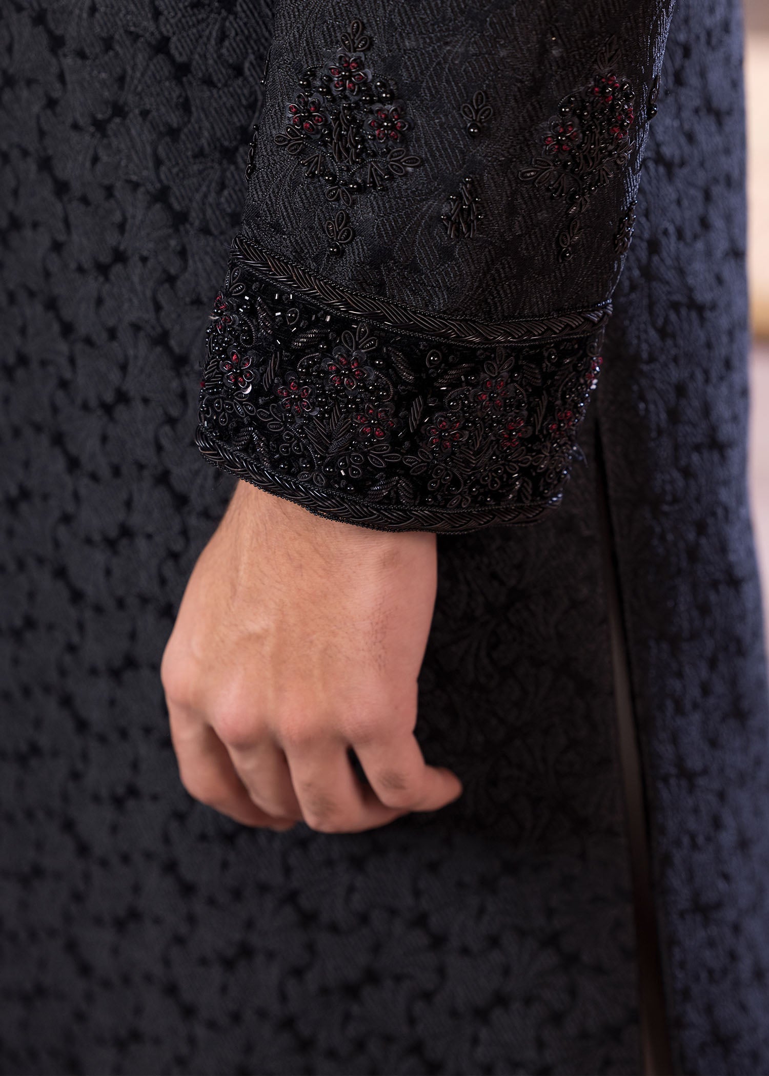 Black Hand-Embroidered Jamawar Sherwani (5-Piece) - Image 8