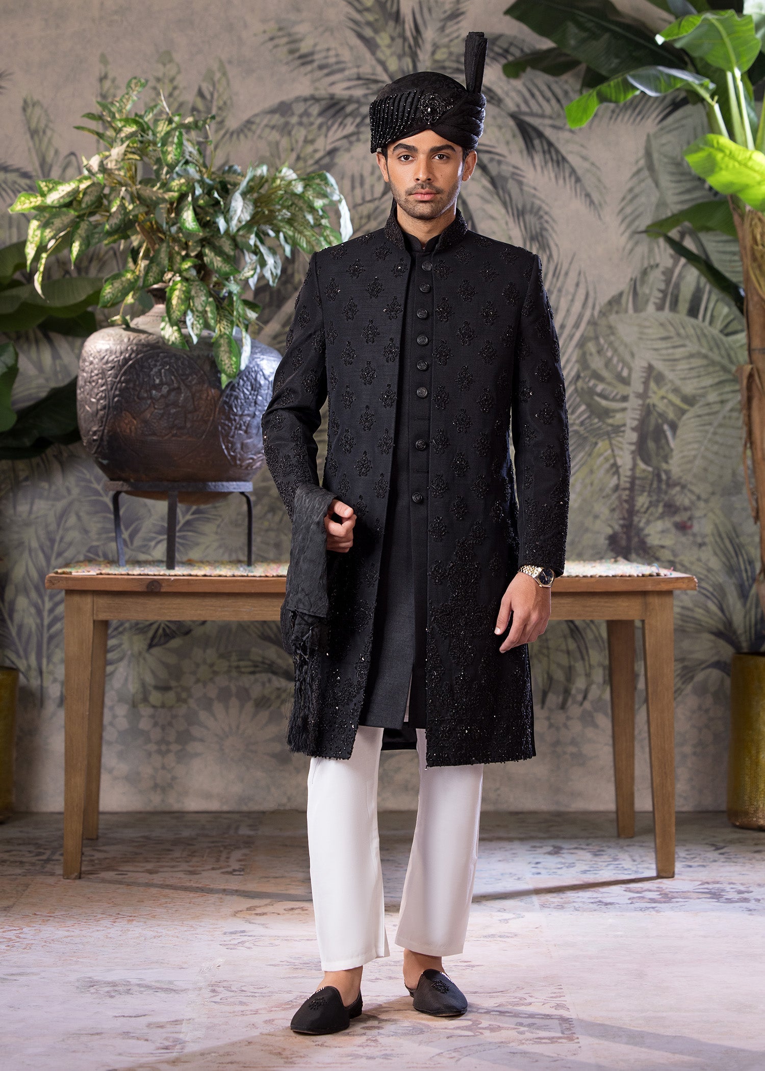 Black Hand-Embroidered Jamawar Sherwani (5-Piece) - Image 1