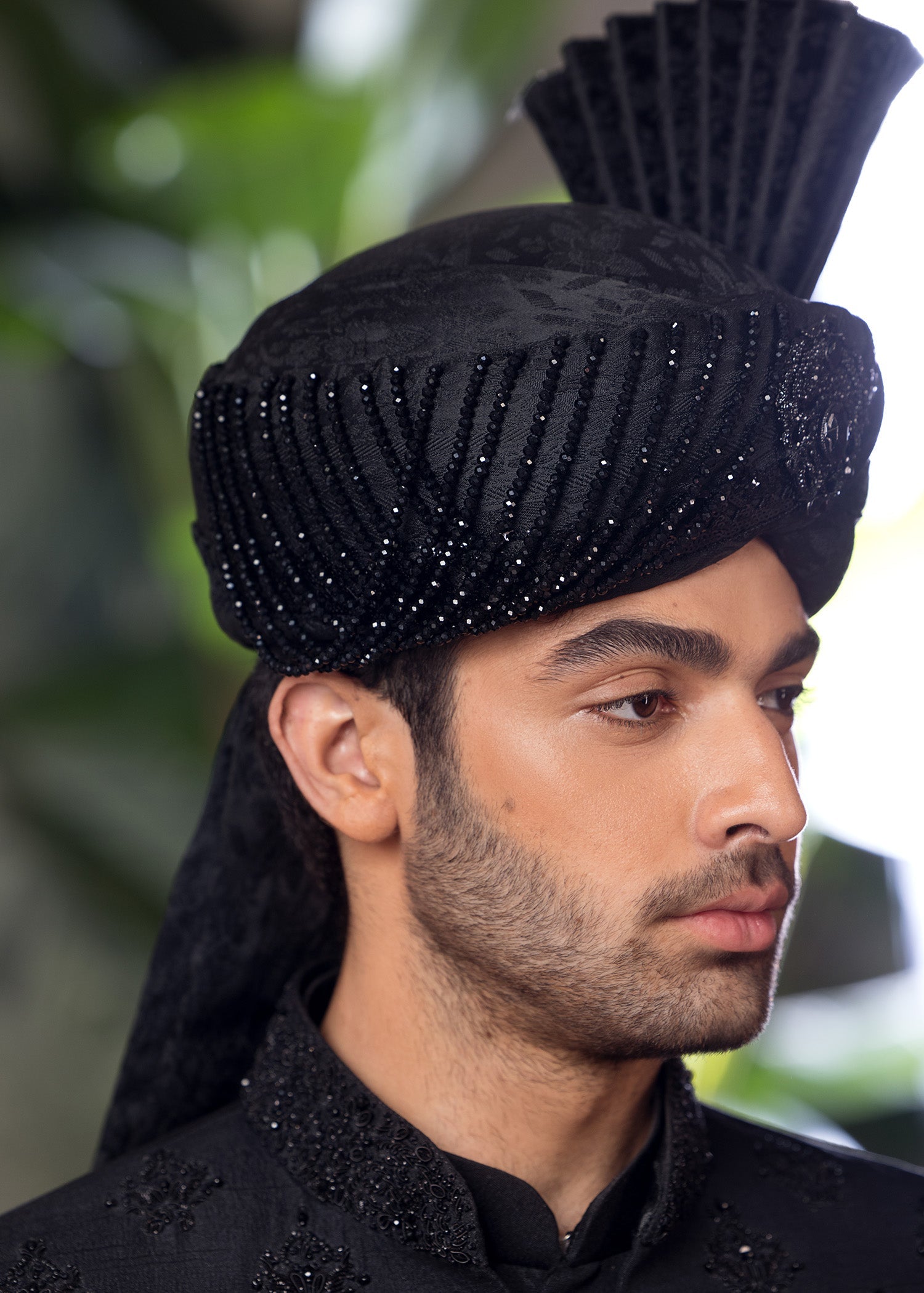 Black Hand-Embroidered Jamawar Sherwani (5-Piece) - Image 3